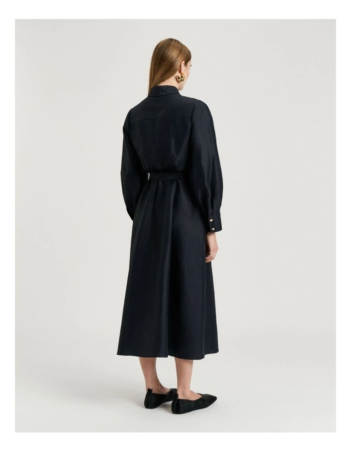 Linen Viscose Blend Belted Midi Dress in Blue image 2