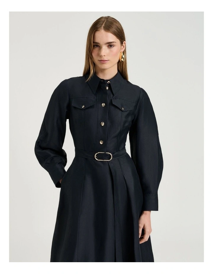 Linen Viscose Blend Belted Midi Dress in Blue image 3