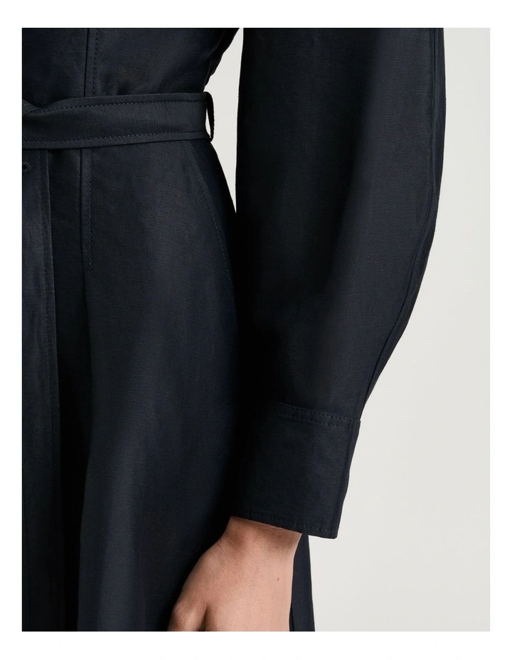 Linen Viscose Blend Belted Midi Dress in Blue image 4