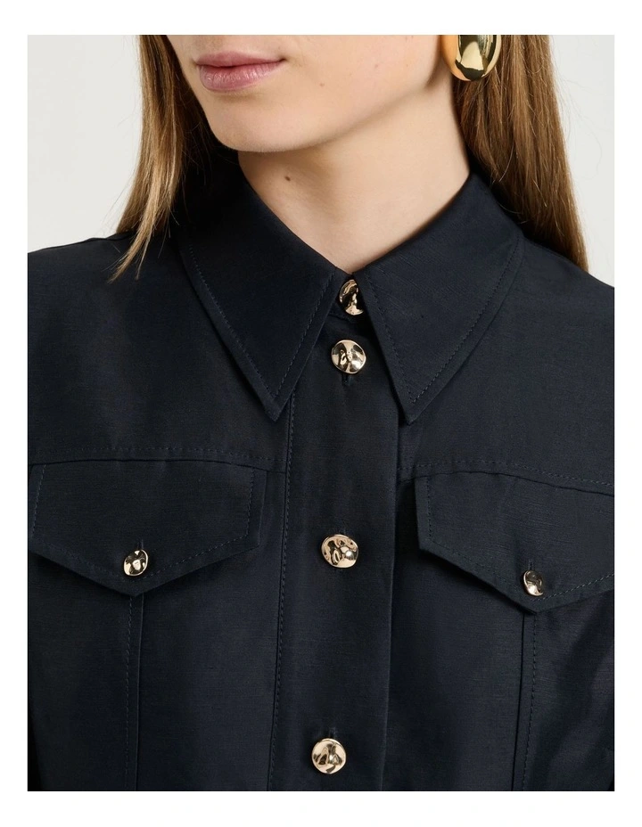 Linen Viscose Blend Belted Midi Dress in Blue image 5