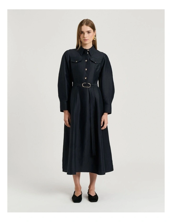 Linen Viscose Blend Belted Midi Dress in Blue image 6