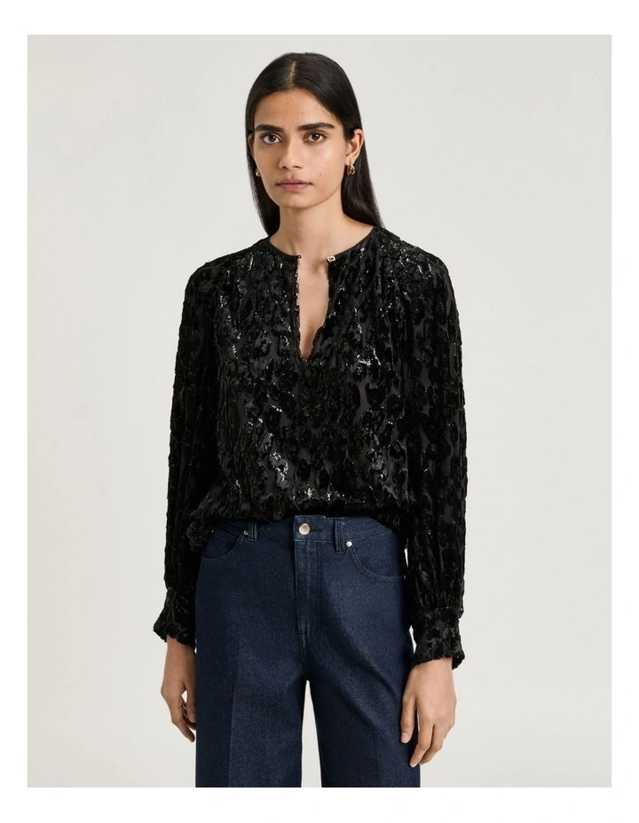Velvet Devore Long Sleeve Blouse in Black image 1