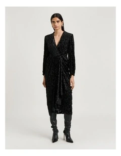 Velvet Devore Draped Midi Dress in Black