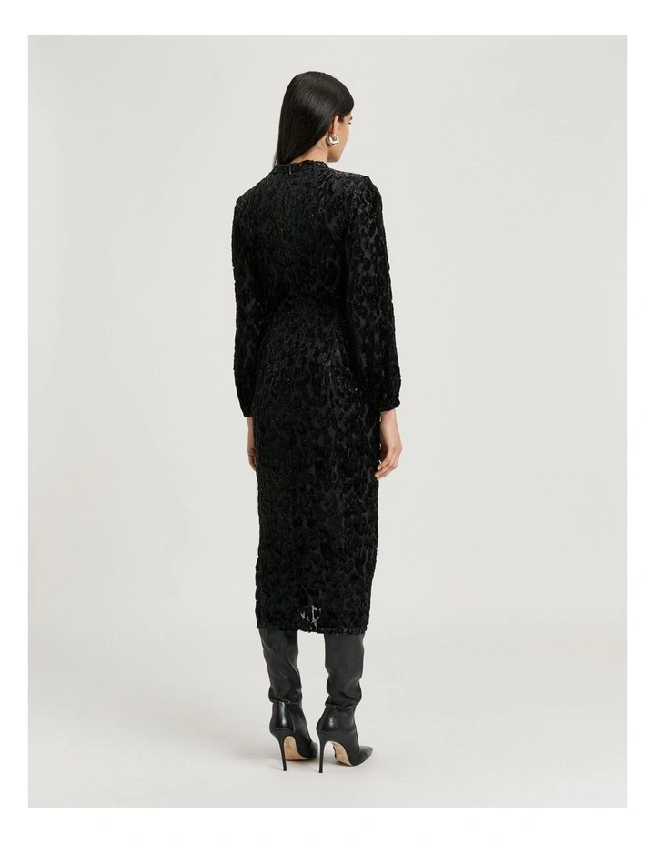 Velvet Devore Draped Midi Dress in Black image 2