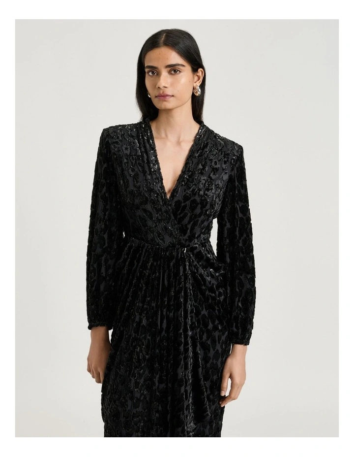 Velvet Devore Draped Midi Dress in Black image 3
