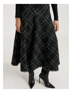 Wide Check Tweed Fluted Skirt in Black