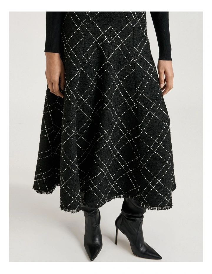 Wide Check Tweed Fluted Skirt in Black image 1