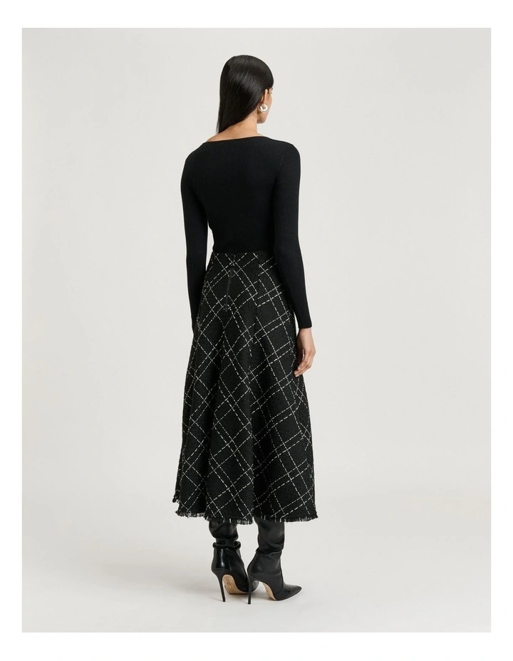 Wide Check Tweed Fluted Skirt in Black image 3