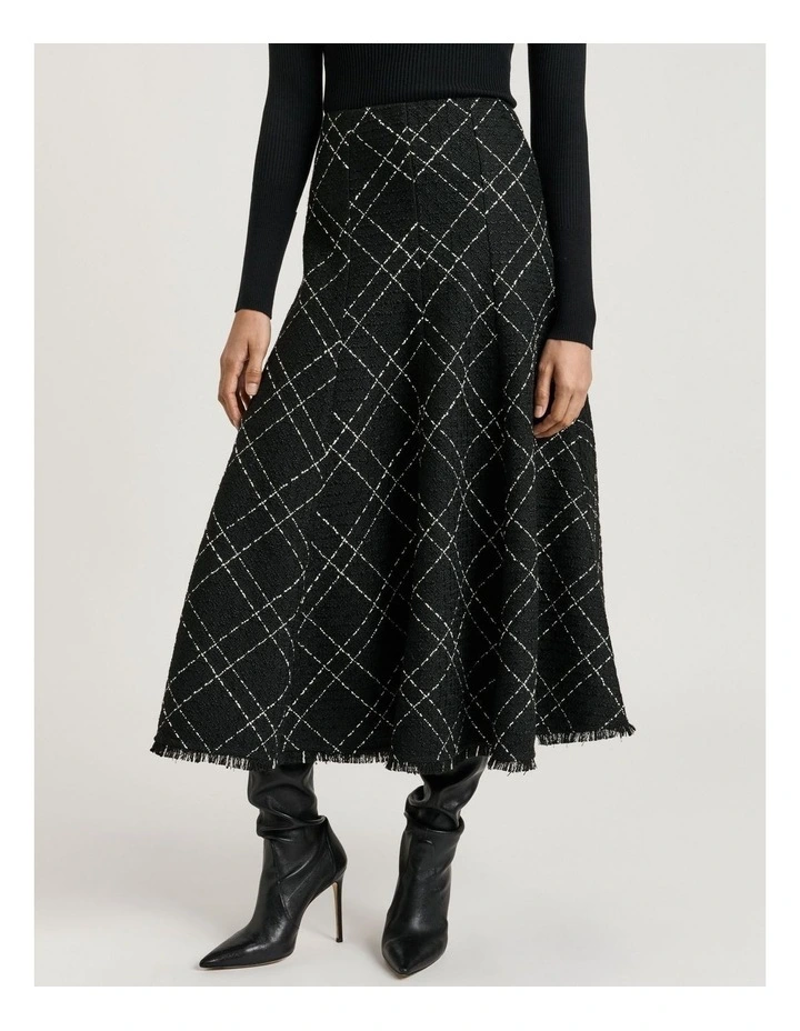 Wide Check Tweed Fluted Skirt in Black image 4
