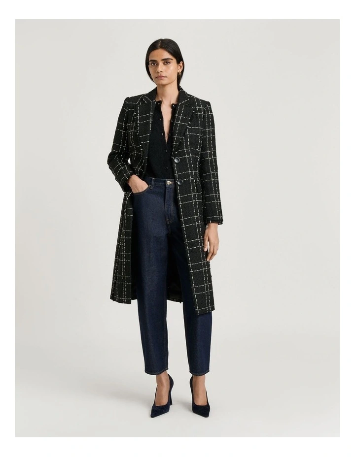 Wide Check Tweed Two Button Coat in Black image 1