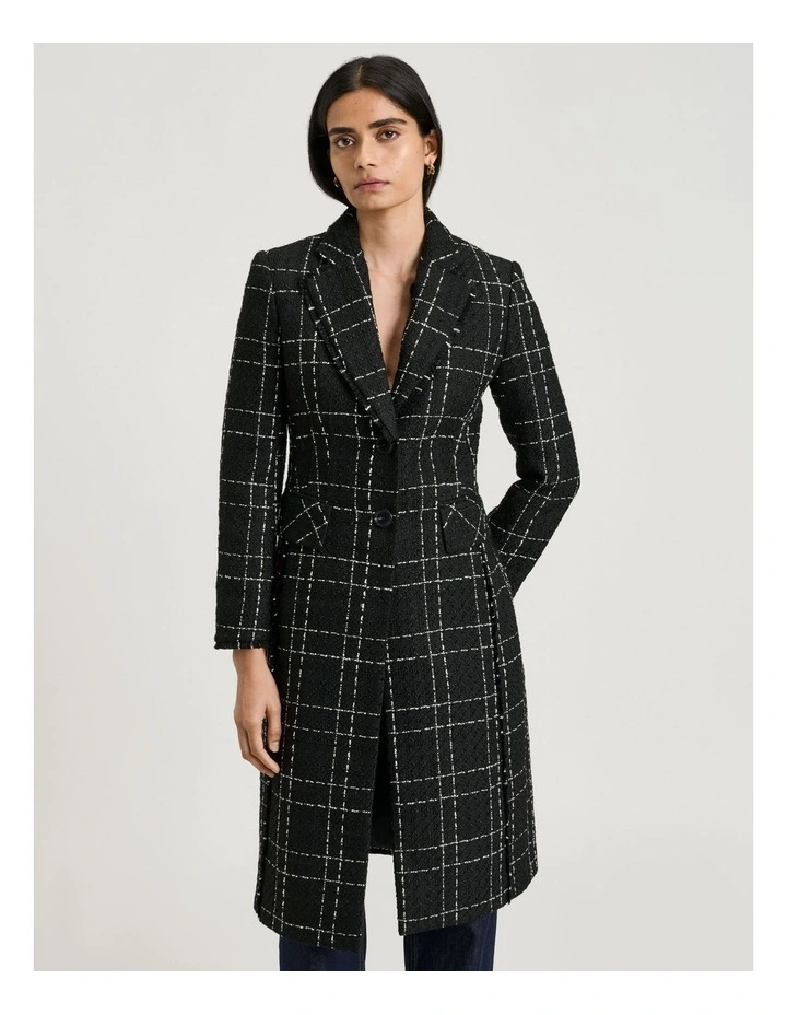 Wide Check Tweed Two Button Coat in Black image 4