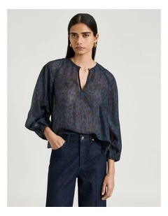 Leopard Haze Blouson Sleeve Top in Ink