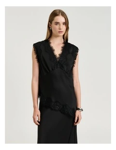 Washed Satin Lace Trim Top in Black
