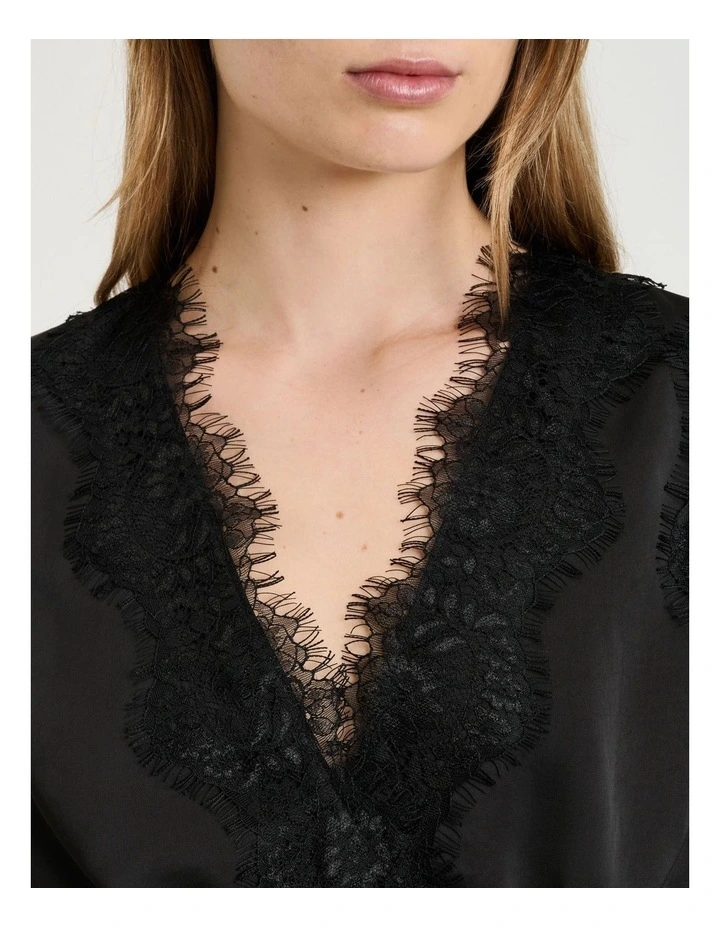 Washed Satin Lace Trim Top in Black image 3