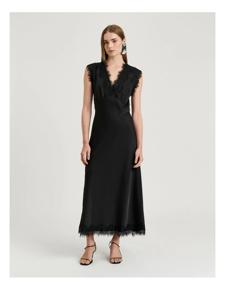 Washed Satin Lace Trim Midi Dress in Black image 1