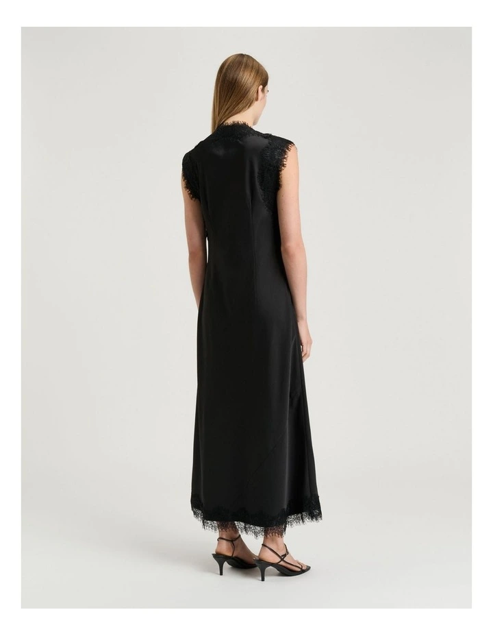 Washed Satin Lace Trim Midi Dress in Black image 2