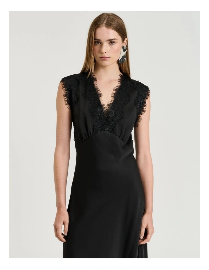 Washed Satin Lace Trim Midi Dress in Black image 3