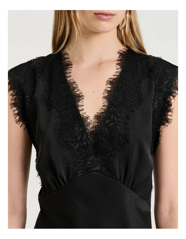 Washed Satin Lace Trim Midi Dress in Black image 4