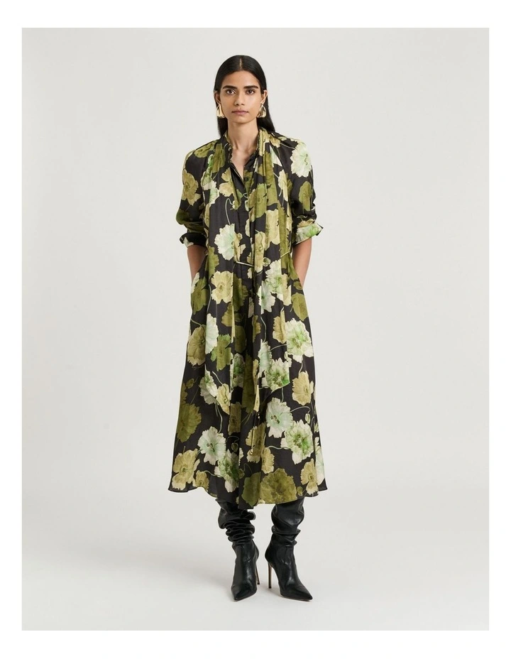 Translucent Poppy Satin Long Sleeve Midi Dress in Black image 1