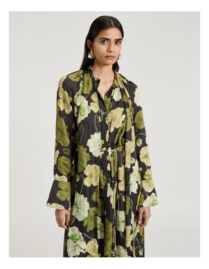 Translucent Poppy Satin Long Sleeve Midi Dress in Black image 3