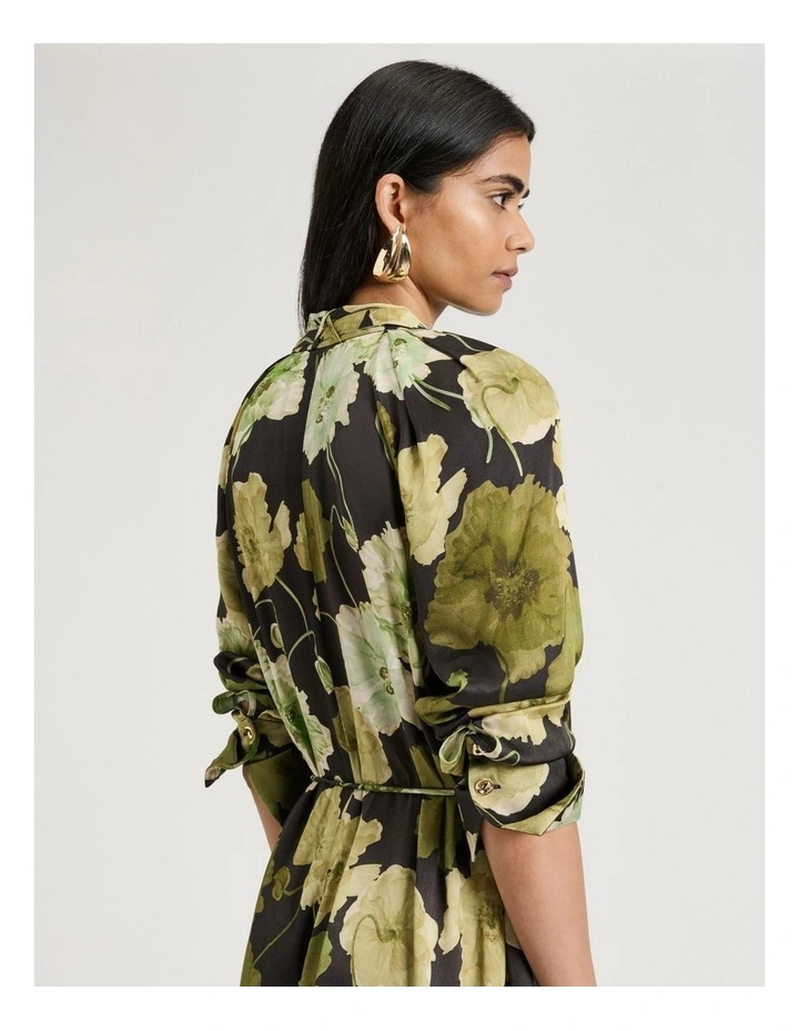 Translucent Poppy Satin Long Sleeve Midi Dress in Black image 4