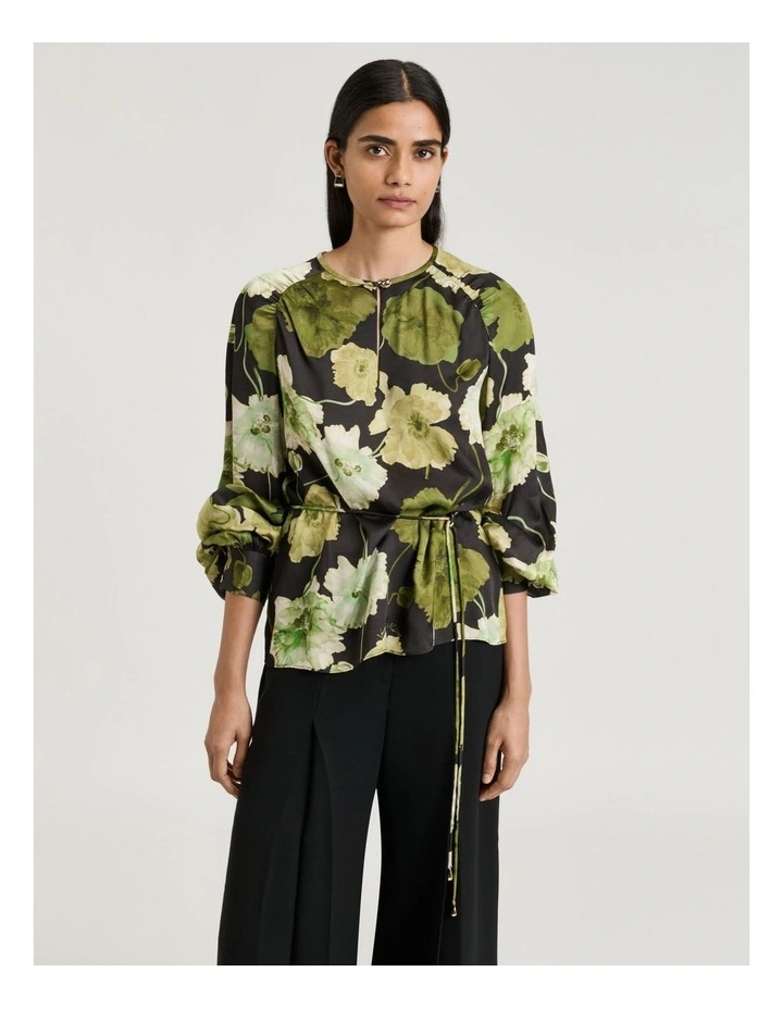 Translucent Poppy Satin Long Sleeve Top in Black image 1
