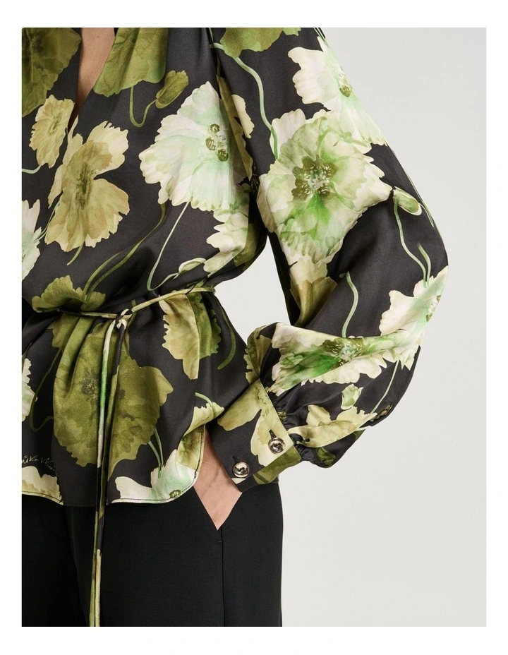 Translucent Poppy Satin Long Sleeve Top in Black image 3