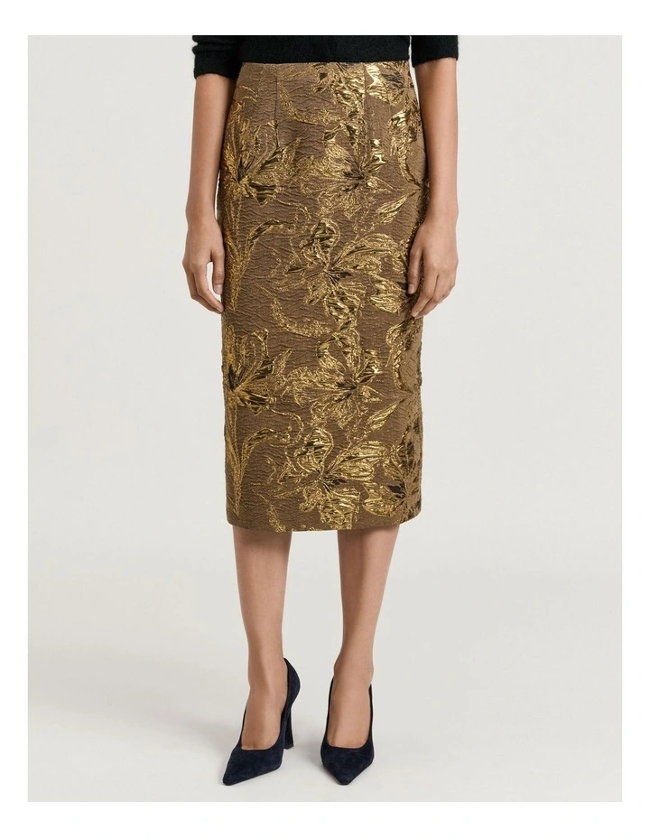 Lurex Jacquard Pencil Skirt in Bronze image 1