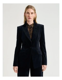 Stretch Velvet Fitted Blazer in Ink