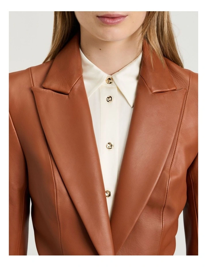 Leather Fitted Blazer in Brown image 3