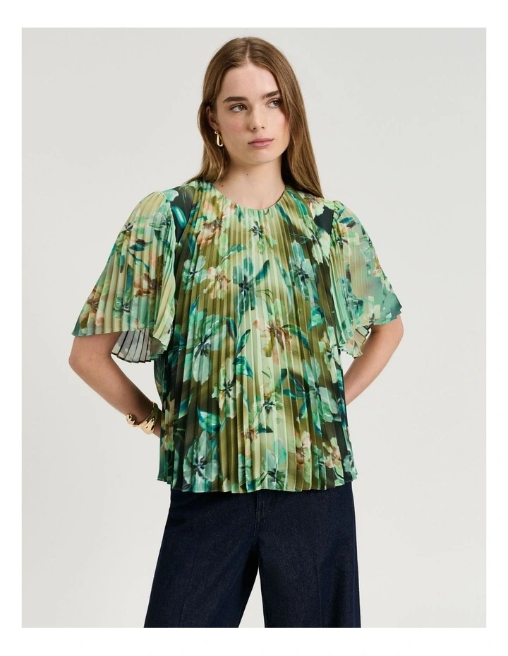 Opalesque Floral Georgette Pleated Top in Green image 1