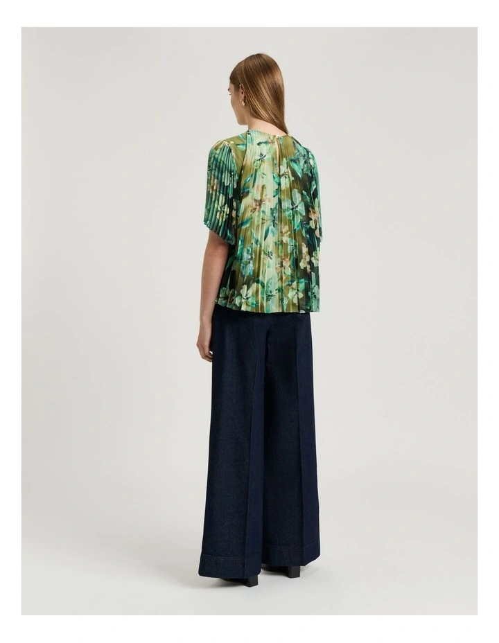Opalesque Floral Georgette Pleated Top in Green image 2