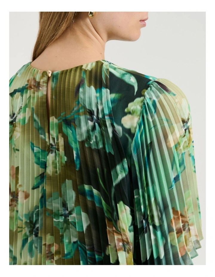 Opalesque Floral Georgette Pleated Top in Green image 3