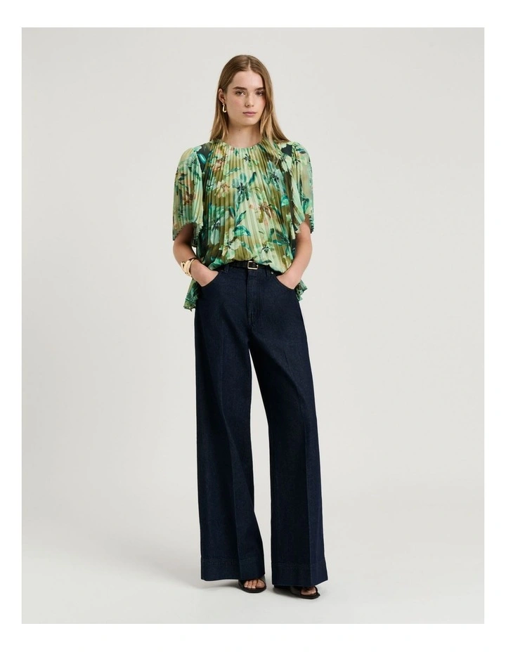 Opalesque Floral Georgette Pleated Top in Green image 4