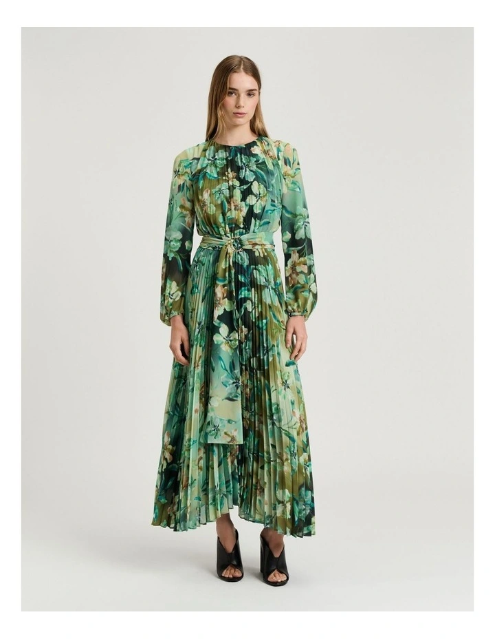 Opalesque Floral Georgette Pleated Dress in Green image 1