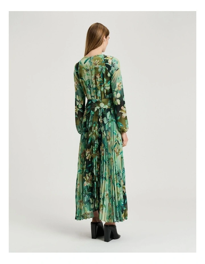 Opalesque Floral Georgette Pleated Dress in Green image 2
