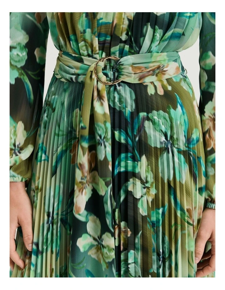 Opalesque Floral Georgette Pleated Dress in Green image 4