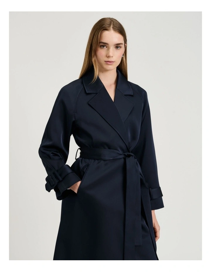 Bonded Satin Trench Coat in Blue image 3