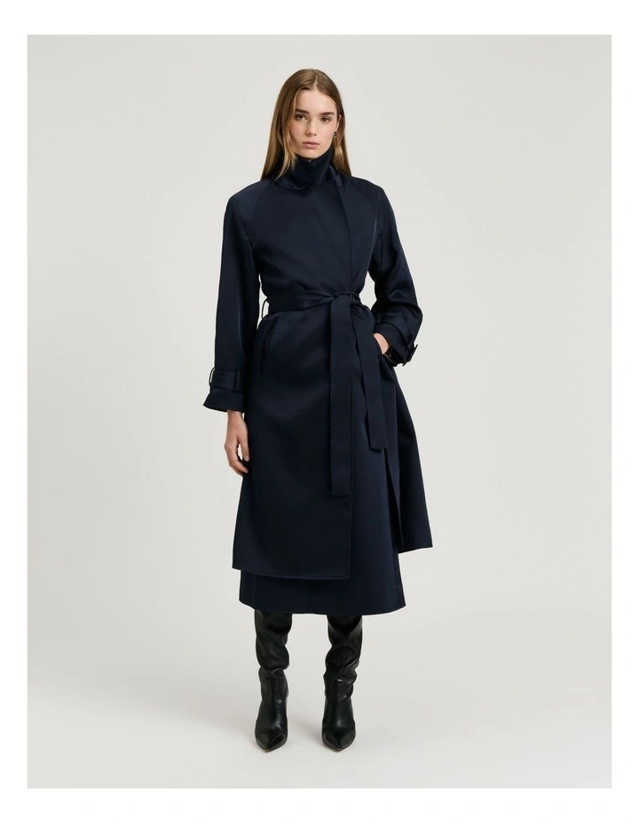 Bonded Satin Trench Coat in Blue image 5