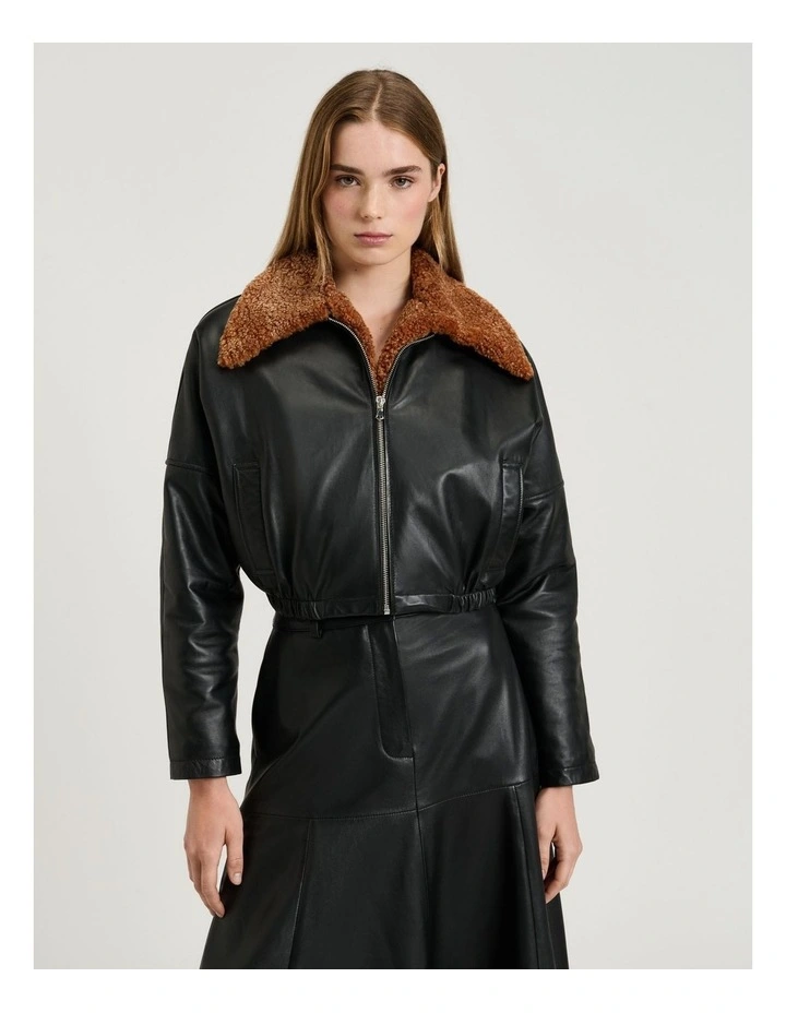 Shearling Leather Bomber Jacket in Black image 1
