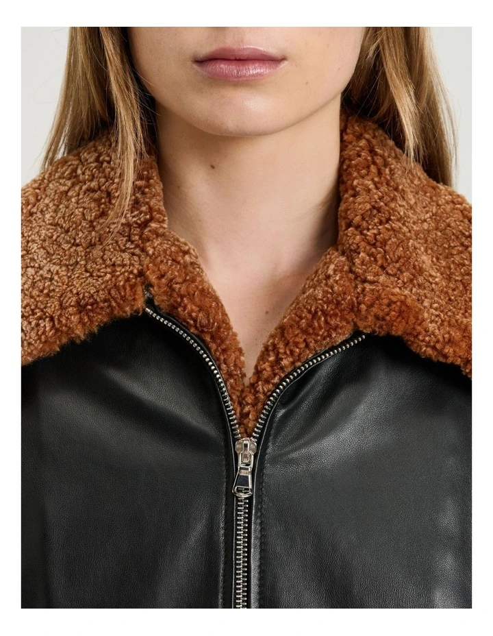 Shearling Leather Bomber Jacket in Black image 3