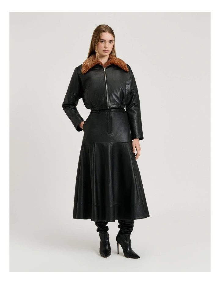 Shearling Leather Bomber Jacket in Black image 5