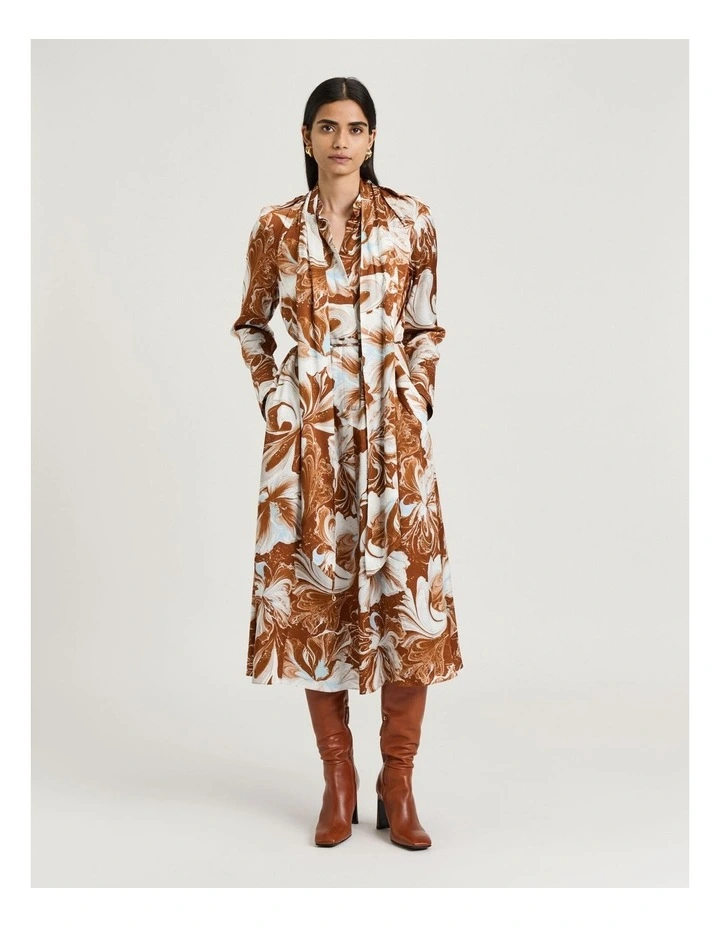 Marble Floral Satin Midi Dress in Rust image 1