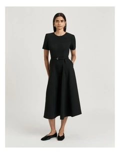 DOUBLE WEAVE FLARED MIDI DRESS