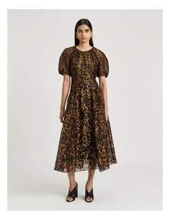 Leopard Haze Silk Linen Midi Dress in Natural