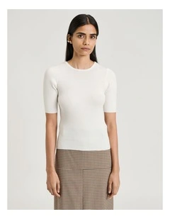 Cotton Silk Blend Crew Neck Ribbed Knit Top in Ivory