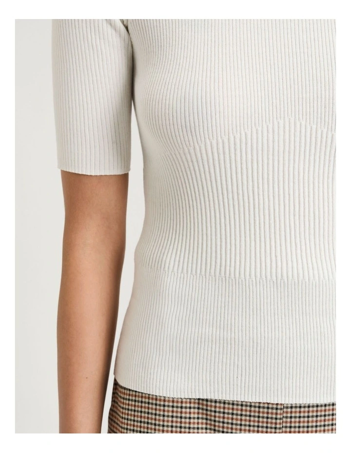 Cotton Silk Blend Crew Neck Ribbed Knit Top in Ivory image 3