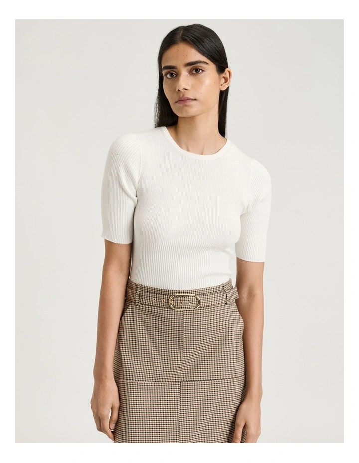 Cotton Silk Blend Crew Neck Ribbed Knit Top in Ivory image 4