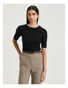 Cotton Silk Blend Crew Neck Ribbed Knit Top in Black