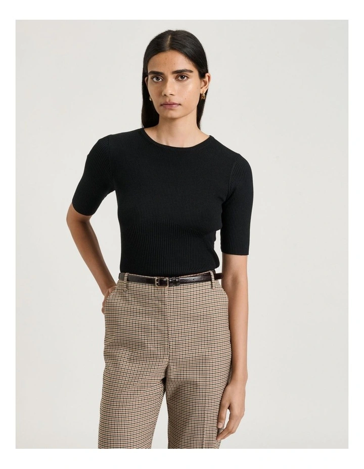 Cotton Silk Blend Crew Neck Ribbed Knit Top in Black image 1